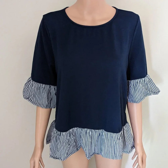 Pleione Stripe Bell Sleeves Blouse Size M Peplum Navy‎ Blue is Casual - Picture 1 of 8